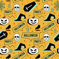 Vector trendy halloween seamless pattern with memphis geometric style of pumpkin, skull, spider web, and horror crow. Fashion arti