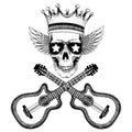 Vector skull with wings in crown with guitars. Logo for shirt, musical poster