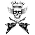 Vector skull with wings in crown with guitars. Logo for shirt, musical poster