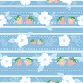 Vector sky blue pastel strawberries white flowers stripes seamless floral pattern background with hand drawn elements