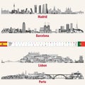 Vector skylines of Madrid, Barcelona, Lisbon and Porto cities in grey scales color palette. Flags and maps of Spain and Portugal.