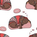 Vector sleeping dachshund dog seamless pattern. Dachshund dog in sweater. Print for fabric, wrapping paper or wallpaper