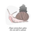 Vector slime mollusk with stone pyramid. Keep calm quote. Snail nature wildlife cuye text. Inspirational font tips