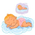 Vector small baby in a diaper asleep using a cloud instead of a pillow. Royalty Free Stock Photo