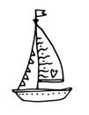 Vector small boat with a sailboat. hand-drawn doodle style sea boat with sail, garland and triangular flags with dot pattern and