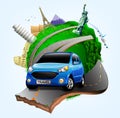 Vector Small Green Planet with Blue Travel Car together with Plane