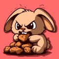 Vector of a small kawaii cartoon bunny being angry and eating chicken nuggets.