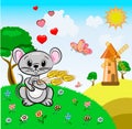 Vector.small mouse gray color holds wheat ears landscape cute holiday congratulations with Valentine`s Day