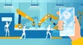 Vector of a smart factory with robots working on assembly line