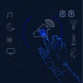 Vector Smart Home Concept Illustration, Bright Blue Color, Different Icons and Buttons, Human Cyber Hand.