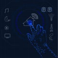 Vector Smart Home Concept Illustration, Bright Blue Color, Different Icons and Buttons, Human Cyber Hand is Pushing