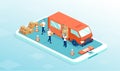 Vector of a smart phone with delivery truck and deliverymen courier unloading  cardboard boxes Royalty Free Stock Photo