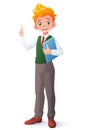 Vector smart school boy index finger pointing up with idea. Royalty Free Stock Photo