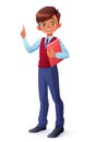 Vector smart smiling schoolboy index finger pointing up with idea.