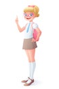 Vector smart smiling young girl with glasses finger pointing up. Royalty Free Stock Photo