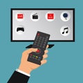 Vector smart tv concept - illustration in flat style with apps and hand holding remote control Royalty Free Stock Photo