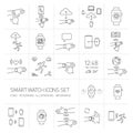 Vector smart watch linear icons set with hand gestures