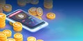 Vector of a smartphone with bitcoin chart on screen and buy sell buttons among piles of dollar and bit coins