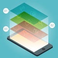 Vector smartphone device with applications icons and infographic elements in flat design.