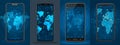 Vector Smartphone Screens with Global Maps and Data Visualization in Blue Royalty Free Stock Photo
