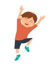 Vector smiling boy jumping with joy and happiness with his hands up. Joyful, delighted, happy kid character.