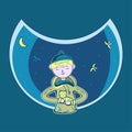 Vector smiling boy with a cat located on night background decorated by three bats, stars and moon