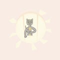 Vector smiling grey cat pet, kitten holding a yellow flower, located on background in the form of sun with sunny rays, light