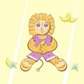 Vector smiling lion sitting with a banana in paws on sunny day