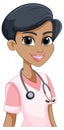 A smiling nurse in pink scrubs