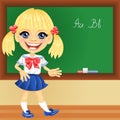 Vector smiling schoolgirl near blackboard