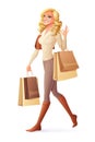 Vector smiling woman walking with shopping bags and showing OK.