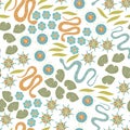 Vector Snakes and Flowers in Turquoise Blue Teal Green Orange Gold on White Background Seamless Repeat Pattern