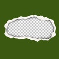 Vector snatched hole in green foliage color paper sheet. Transparent background of resulting window has space for text or ad. Torn