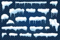 Vector snow caps, snowdrifts and snowflakes with icicles. Winter snowy frames with ice Royalty Free Stock Photo