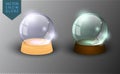 Vector snow globe empty template isolated on transparent background. Christmas magic ball. Glass ball dome, wooden stand.