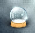 Vector Snow Globe Empty Template Isolated On Transparent Background. Christmas Magic Ball. Glass Ball Dome, Wooden Stand With