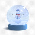 Vector Snow Globe Isolated on White Background. Realistic Glass Sphere with Falling Snow and Snowman. Royalty Free Stock Photo