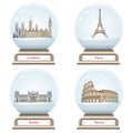 Vector snow globes with London, Paris, Berlin and Rome landmarks inside