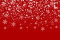 Vector snowfall on red background, snowflakes in different shapes Royalty Free Stock Photo