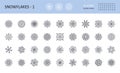 Vector snowflake icons. Editable stroke set. 36x36 pixels. Symbols white background stock illustration. Different six and eight- Royalty Free Stock Photo