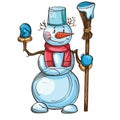 Vector snowman with carrot, scarf, bucket on the head and mittens, broom in his hand, isolated on white background Royalty Free Stock Photo