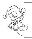 Vector snowman cartoon hiding by blank, black silhouette for coloring