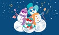 Vector of a snowman`s family, singing Christmas carol under the snow.