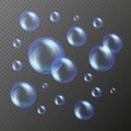 Vector soap bubbles set isolated on black transparent background. Realistic soap bubbles collection with rainbow and glares.