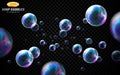 Vector soap bubbles set isolated on black transparent background. Special effect for design. Water spheres with air Royalty Free Stock Photo