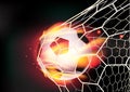 Vector soccer ball in goal net on fire flames Royalty Free Stock Photo