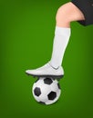 Vector soccer player with ball. Leg of a football player in white golf and black shorts on top of the ball. Sports Royalty Free Stock Photo