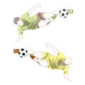 Vector soccer players. Footballer kicks the ball in flight. Soccer player kick the ball Royalty Free Stock Photo