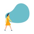 Vector social communication concept with young girl in dress, woman standing taping, chatting. Empty speech bubble above Royalty Free Stock Photo