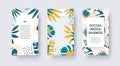 Vector social media banner, place for photo, header, tropical leaves, exotic composition in blue, nude, yellow